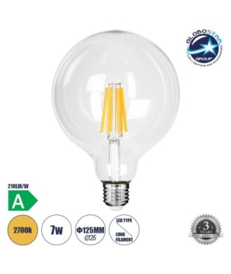 GLOBOSTAR® BUBBLE 99089 Λάμπα E27 G125 LED 7W 1470lm 360° AC 220-240V IP20 Θερμό Λευκό 2700K - Long Filament Chip - Διάφανο - Μ12.5 x Π12.5 x Υ13.8cm - 3 Χρόνια Εγγύηση